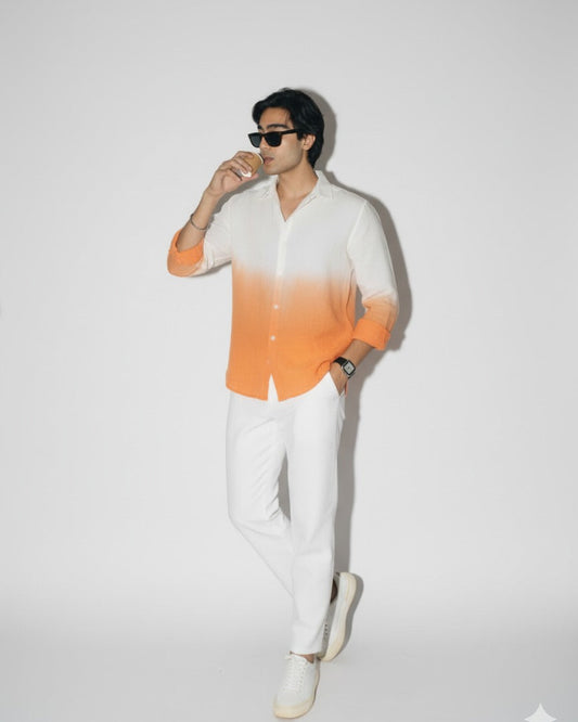 Golden Hour – Ivory to Orange Ombré Long Sleeve Textured Cotton Shirt for Men