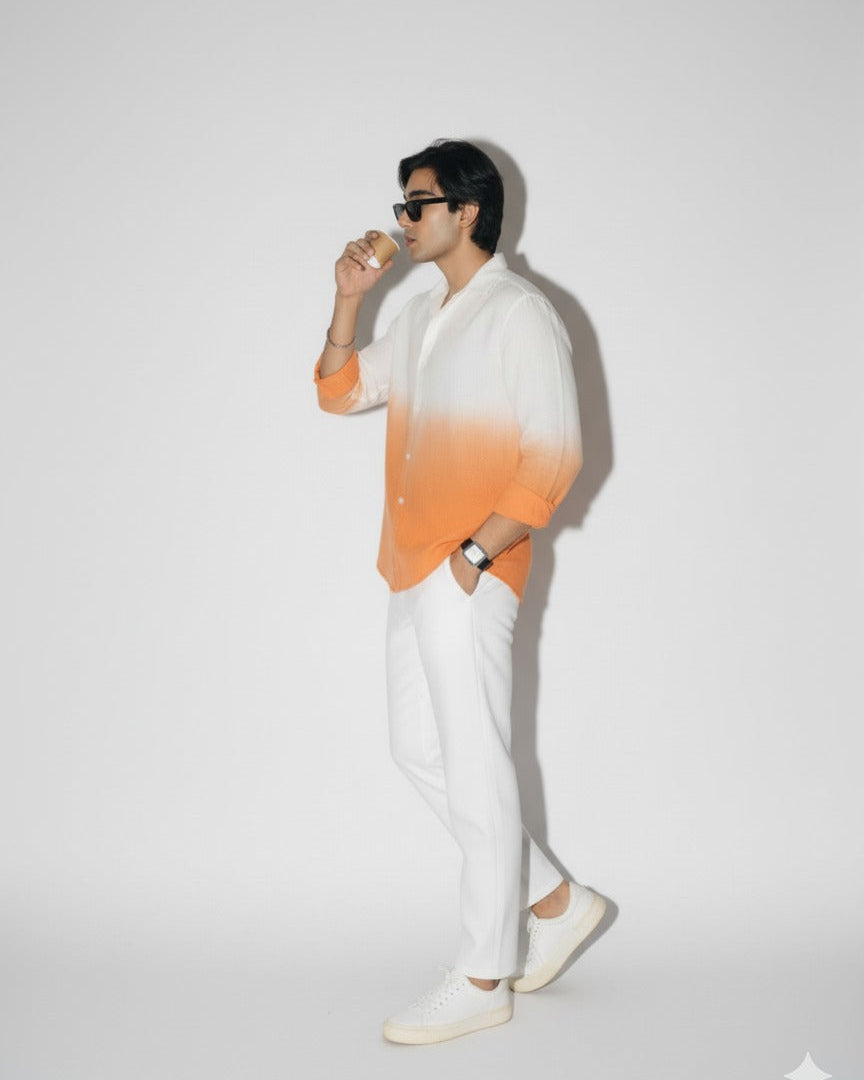 Golden Hour – Ivory to Orange Ombré Long Sleeve Textured Cotton Shirt for Men