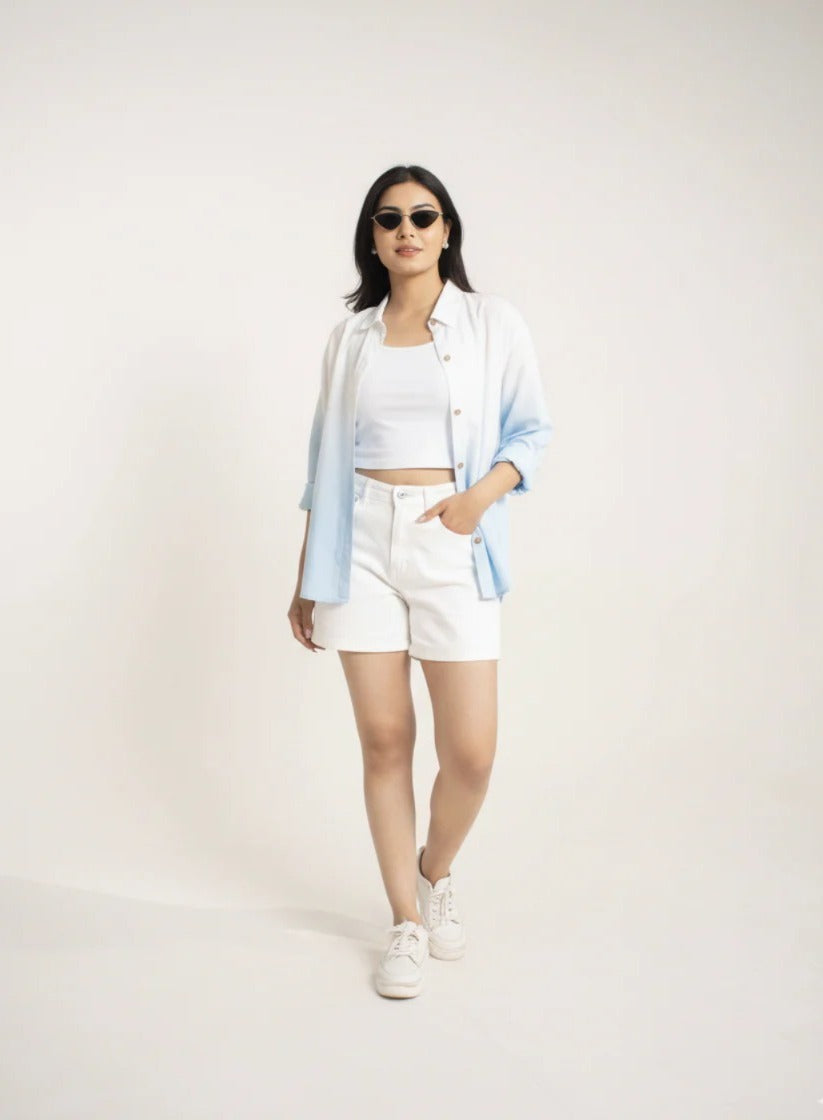 Frosty Sky Shirt Blue & White Oversized Ombre Summer Resort Wear Shirt for Women