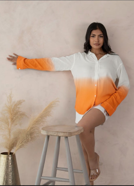 Golden Hour – Ivory to Orange Ombré Long Sleeve Cotton Shirt for Women