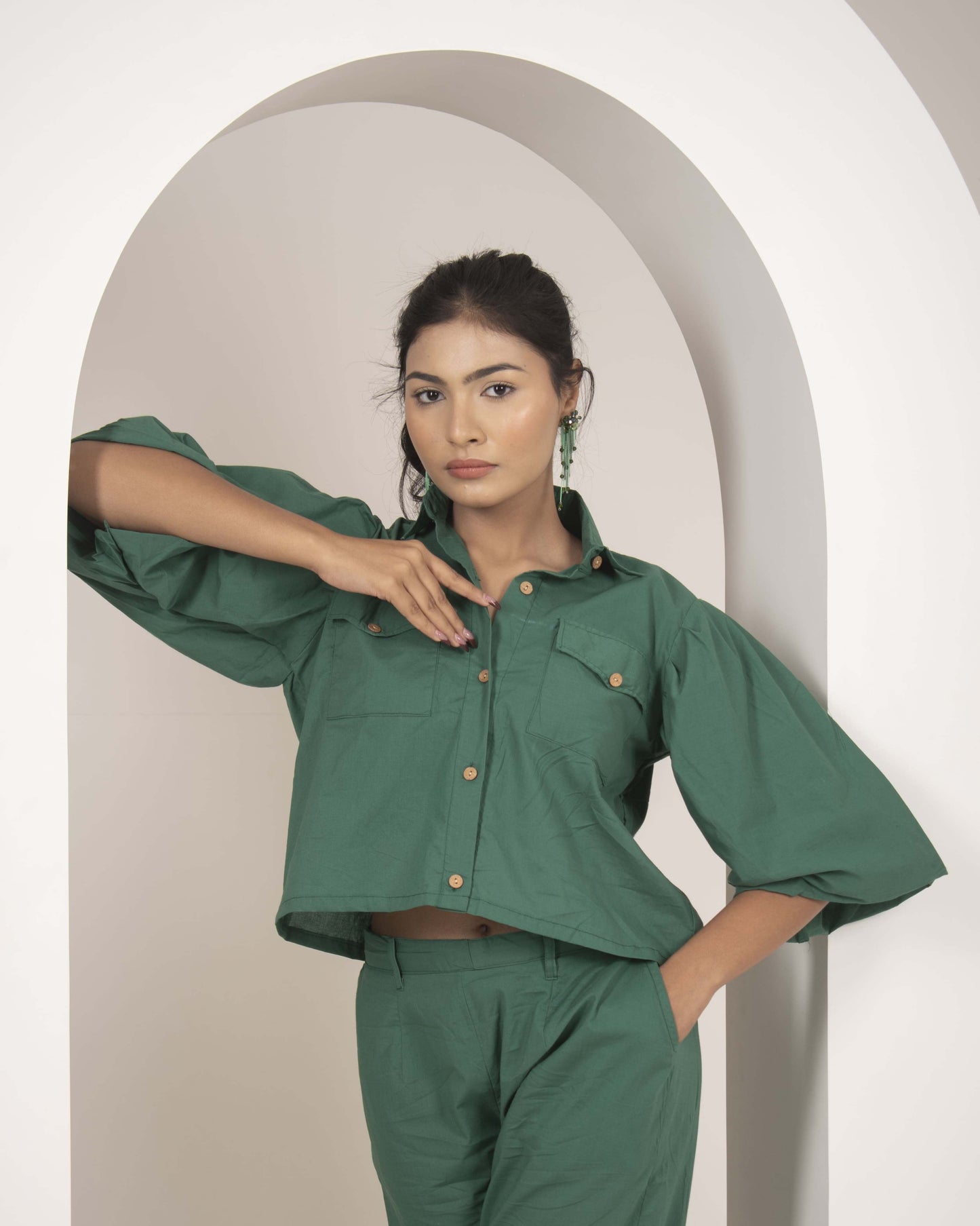 Forest Fern Solid Green 2 piece Cotton Co-ord Set for Women
