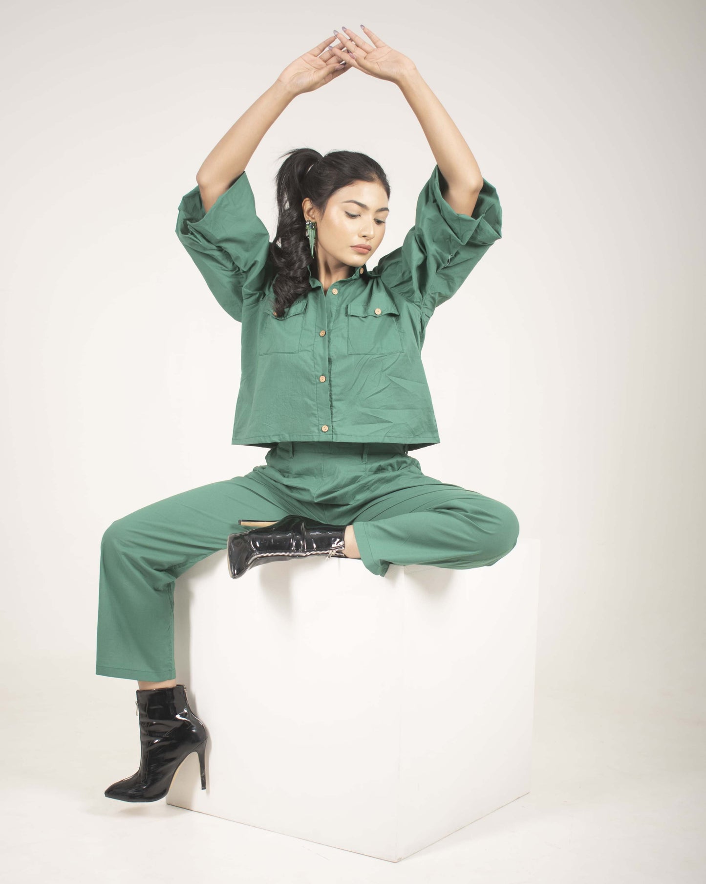 Forest Fern Solid Green 2 piece Cotton Co-ord Set for Women