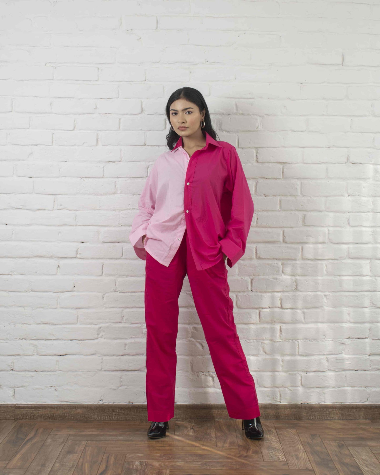 Hot 'N' Sweet Co-ord Set Color Block Hot Pink and Baby pink Full Sleeves 2 piece Cotton Co-ord Set for Women
