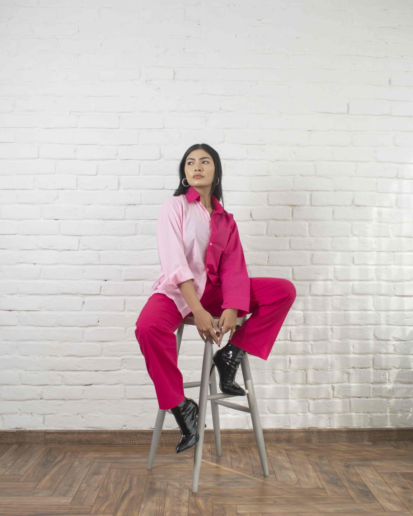 Hot 'N' Sweet Co-ord Set Color Block Hot Pink and Baby pink Full Sleeves 2 piece Cotton Co-ord Set for Women