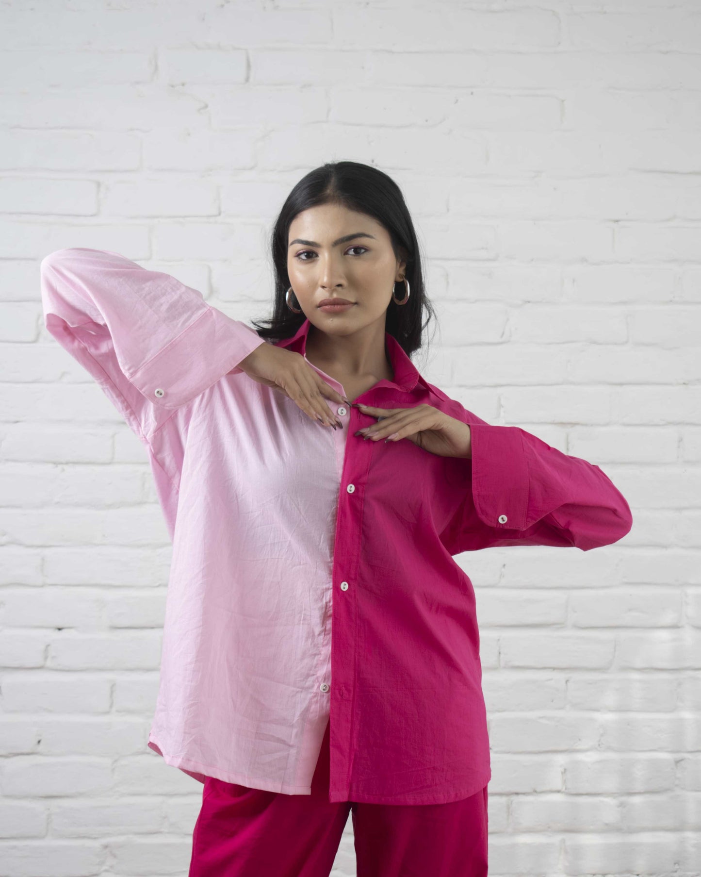 Hot 'N' Sweet Co-ord Set Color Block Hot Pink and Baby pink Full Sleeves 2 piece Cotton Co-ord Set for Women