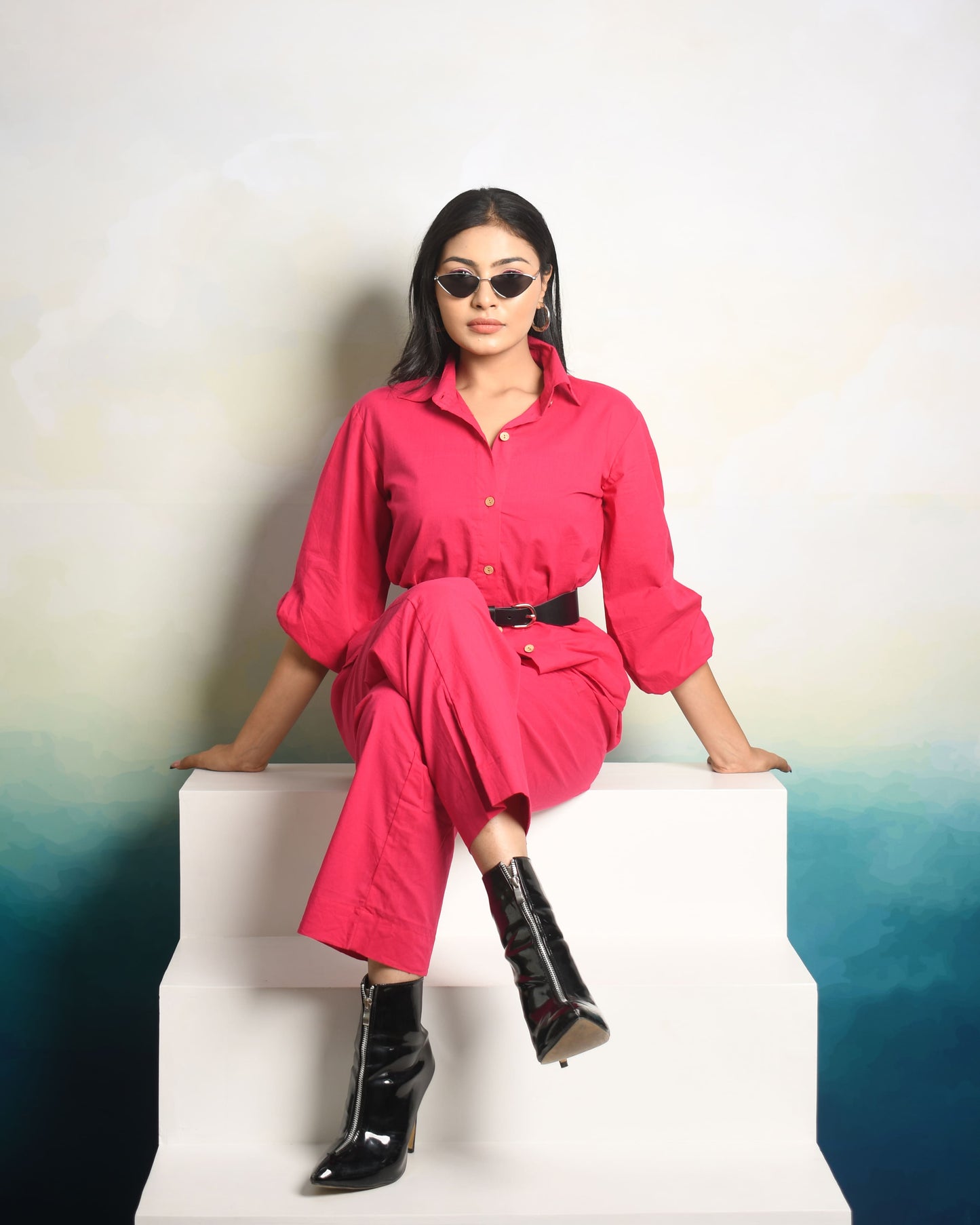 Raspberry Crush Solid Hot Pink 2 piece Cotton Co-Ord Set for Women