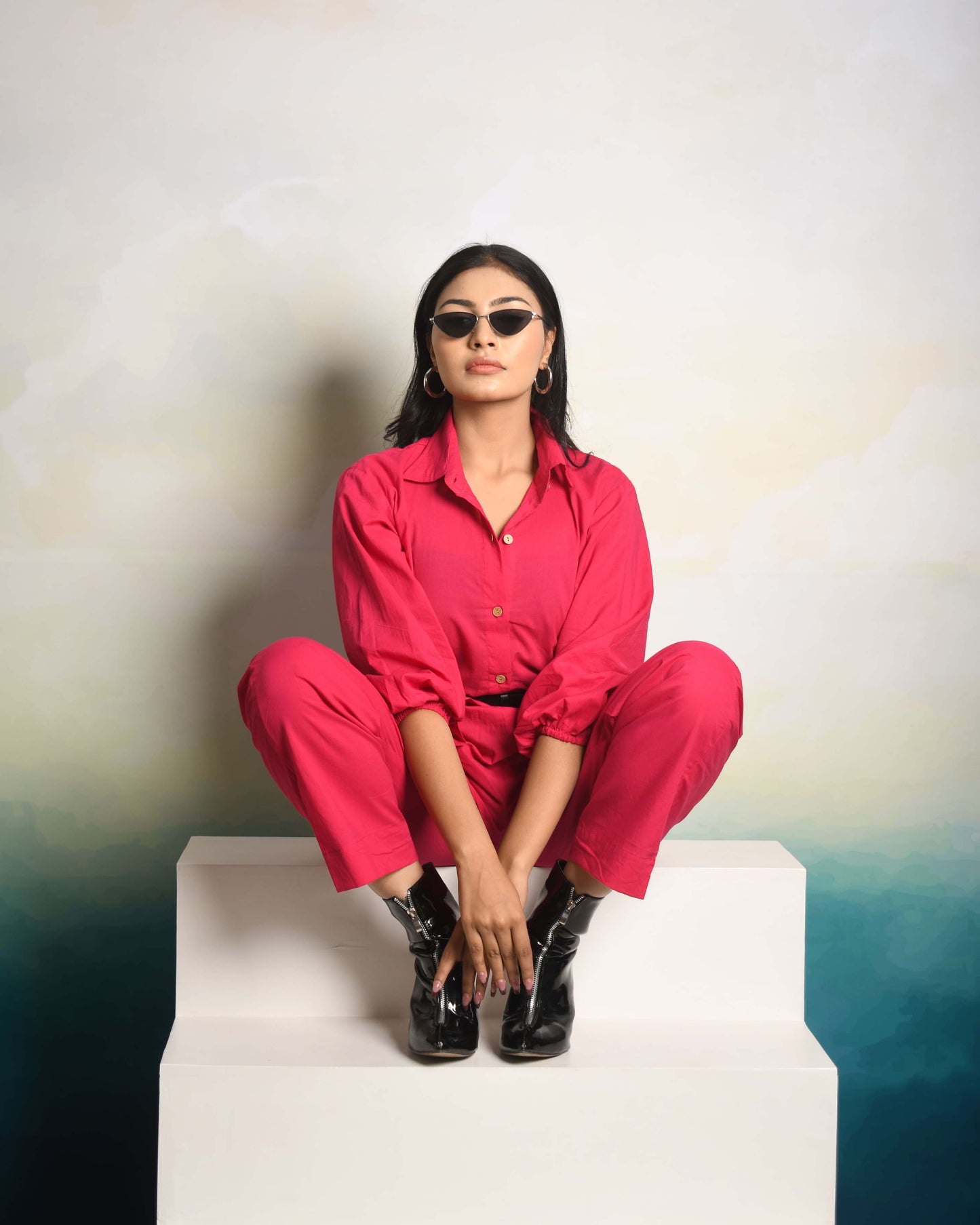 Raspberry Crush Solid Hot Pink 2 piece Cotton Co-Ord Set for Women