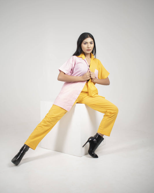 Candy Crush Color Block Pink and Orange Short Sleeves 2 piece Cotton Co-ord Set for Women