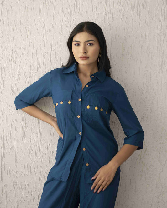 Royal Blue Dusk Solid Navy Blue 3/4th Sleeves 2 piece Cotton Silk Co-ord Set for Women