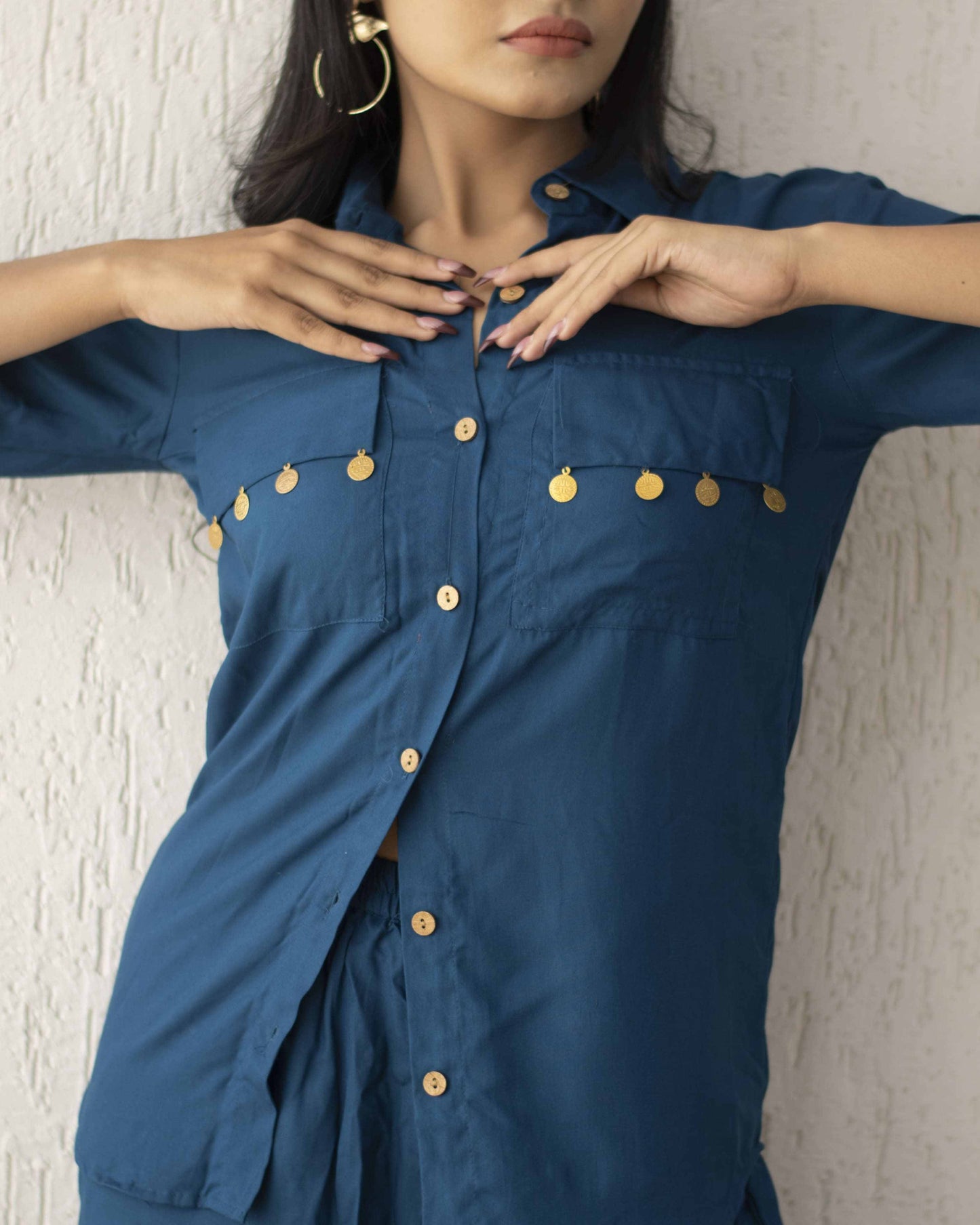 Royal Blue Dusk Solid Navy Blue 3/4th Sleeves 2 piece Cotton Silk Co-ord Set for Women