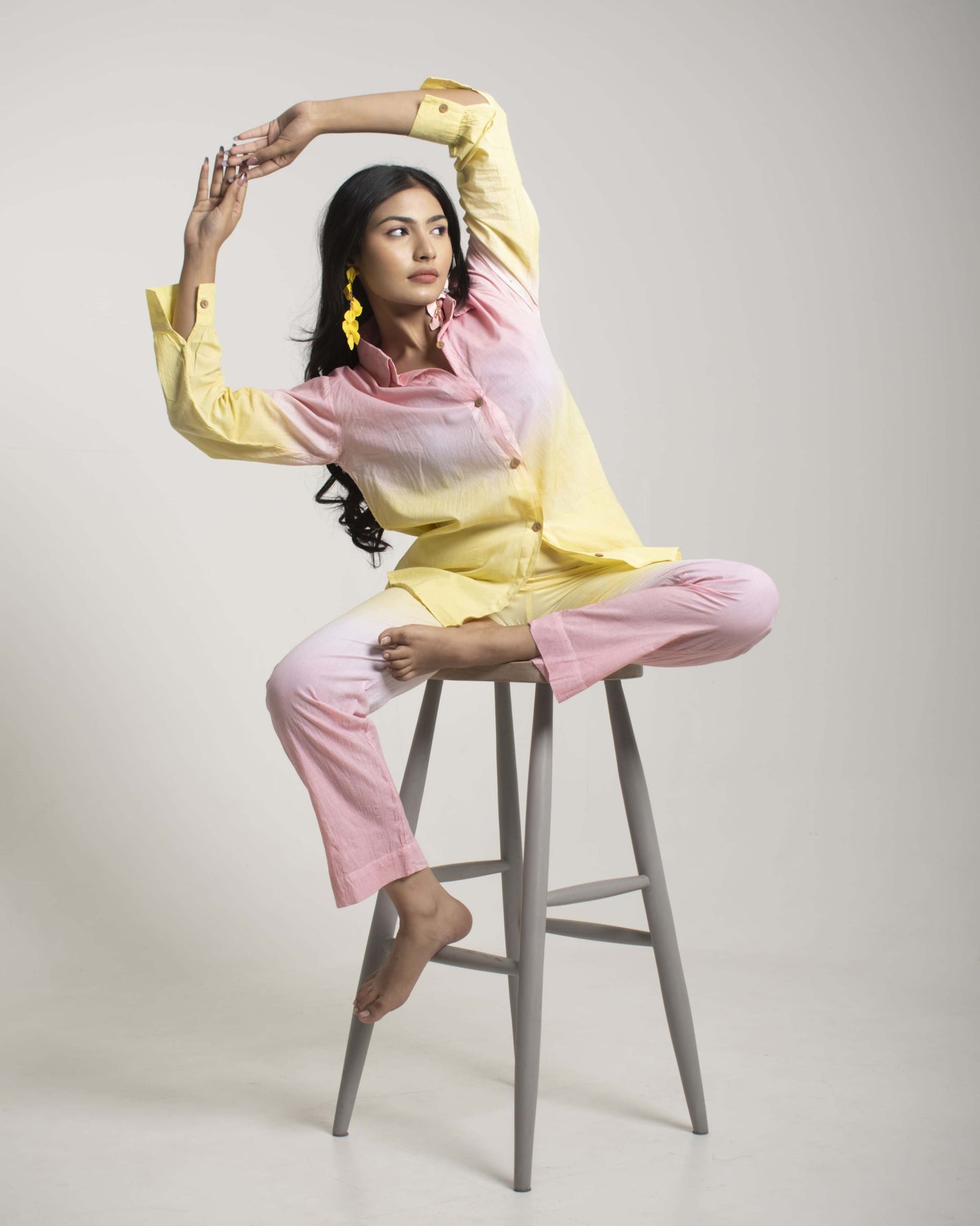 Melon Sorbet Co-ord set Ombre Pink and Yellow Full sleeves 2 piece Cotton Co-Ord Set for Women