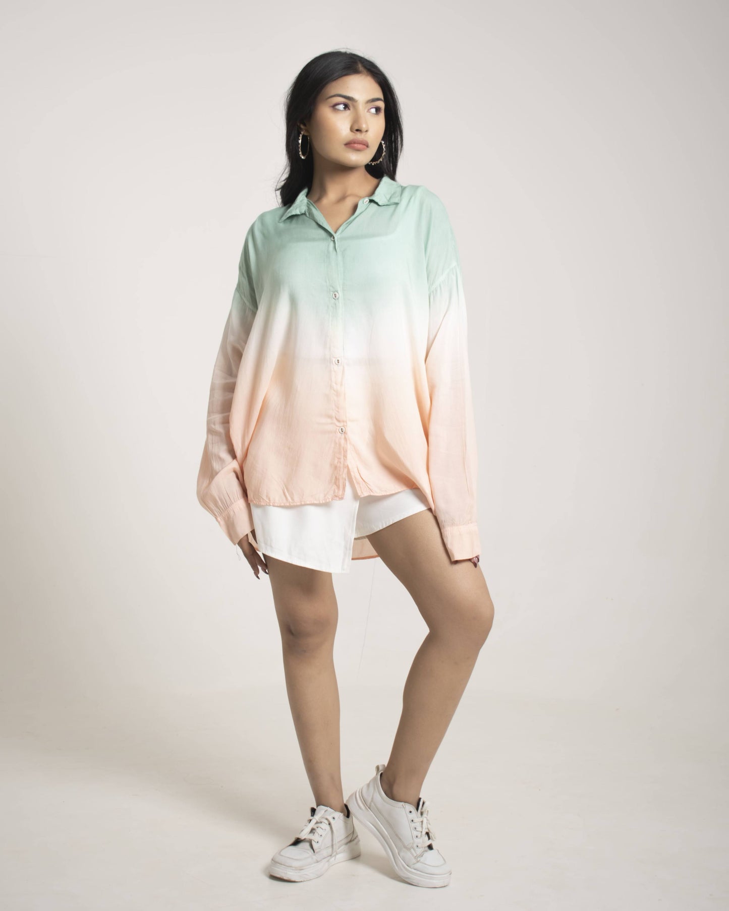 Watermelon Musk Shirt Green & Peach Oversized Ombre Summer Resort Wear Shirt for Women