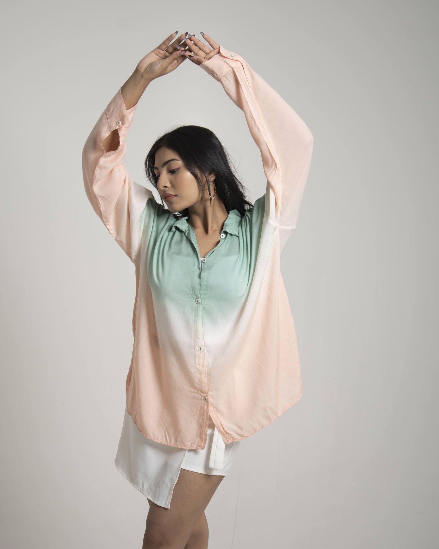 Watermelon Musk Shirt Green & Peach Oversized Ombre Summer Resort Wear Shirt for Women
