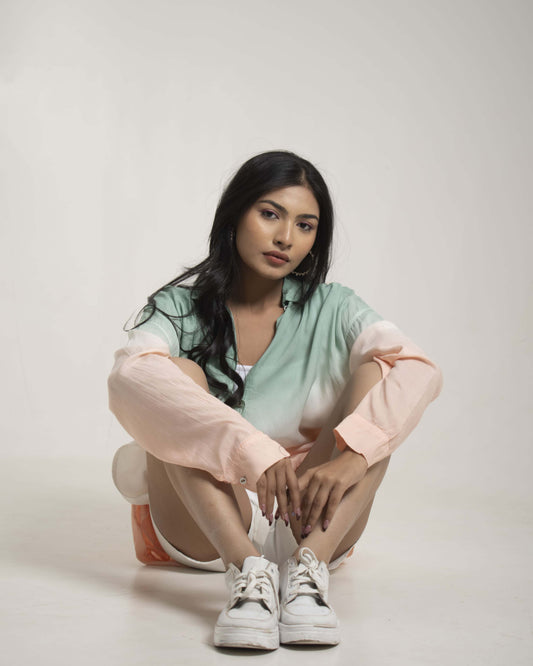 Watermelon Musk Shirt Green & Peach Oversized Ombre Summer Resort Wear Shirt for Women