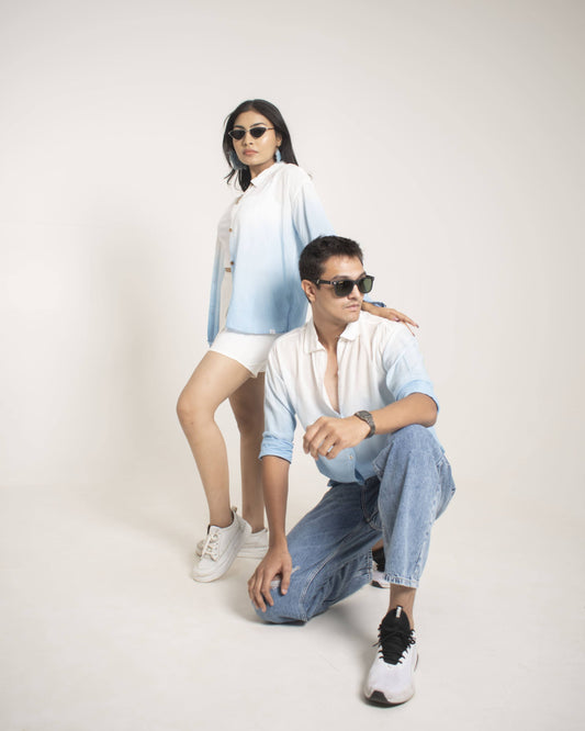 Frosty Sky Shirt Blue & White Oversized Ombre Summer Resort Wear Shirt for Women