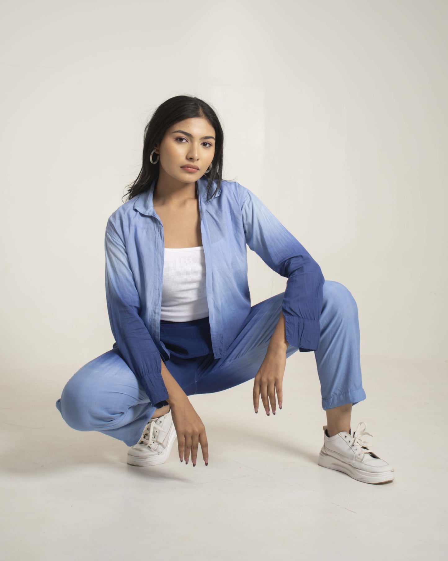 Midnight Ocean Blue Ombre Exotic Shades of Blue Full sleeves 2 piece Cotton Co-Ord Set for Women