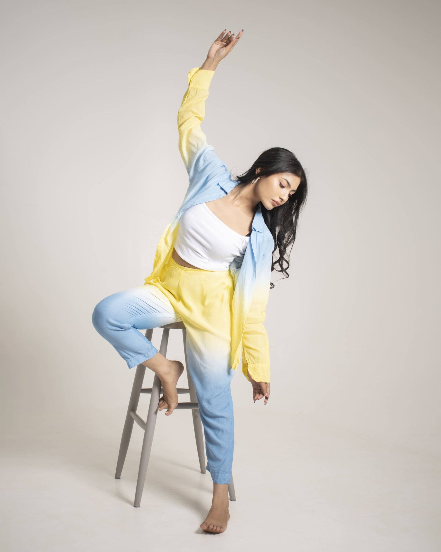 Marina Splash Ombre Aqua Blue and Yellow Full sleeves 2 piece Organic Cotton Co-Ord Set for Women