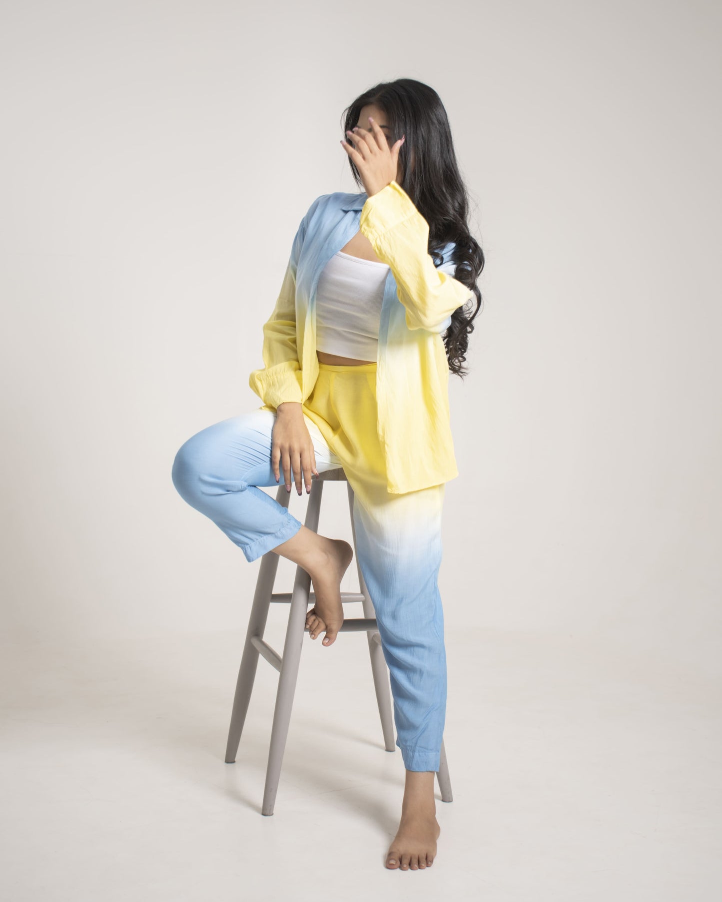 Marina Splash Ombre Aqua Blue and Yellow Full sleeves 2 piece Organic Cotton Co-Ord Set for Women