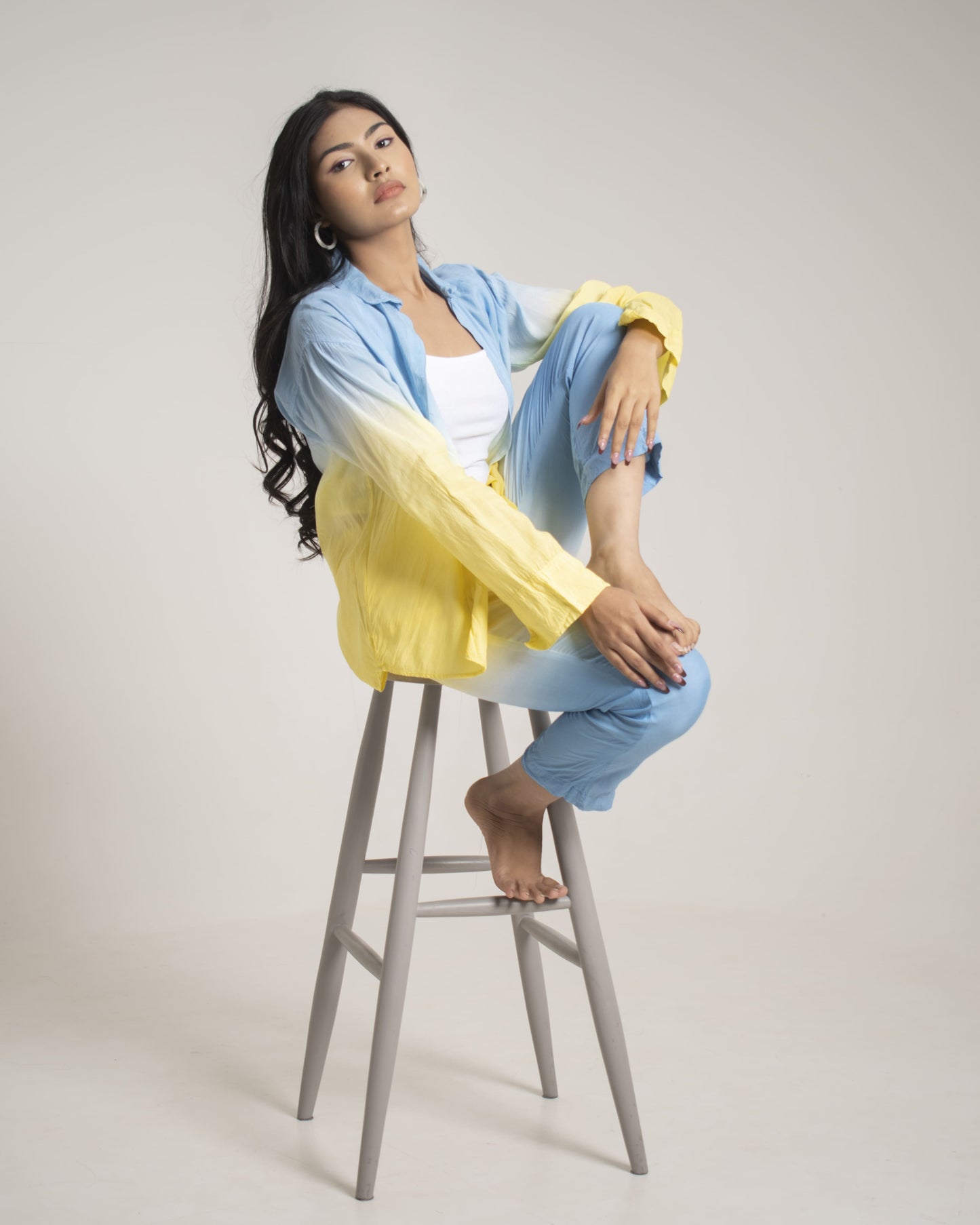 Marina Splash Ombre Aqua Blue and Yellow Full sleeves 2 piece Organic Cotton Co-Ord Set for Women