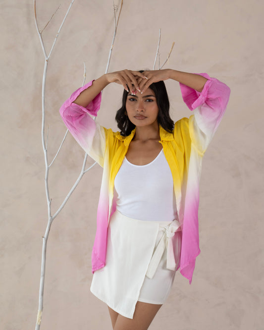 Dry Mango Yellow White Pink Ombré Cotton Shirt for Women