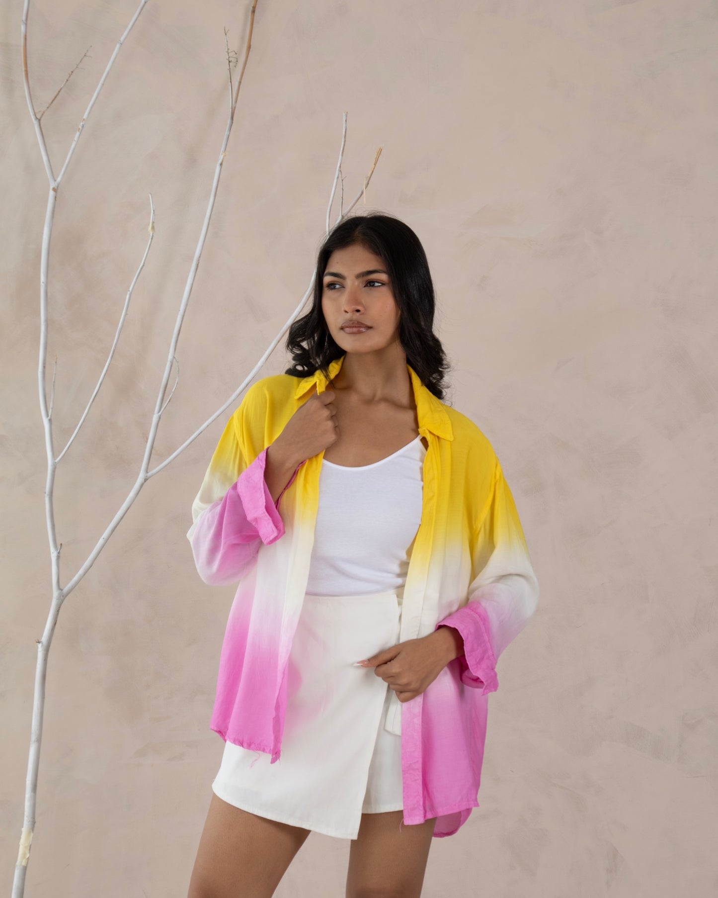 Dry Mango Yellow White Pink Ombré Cotton Shirt for Women