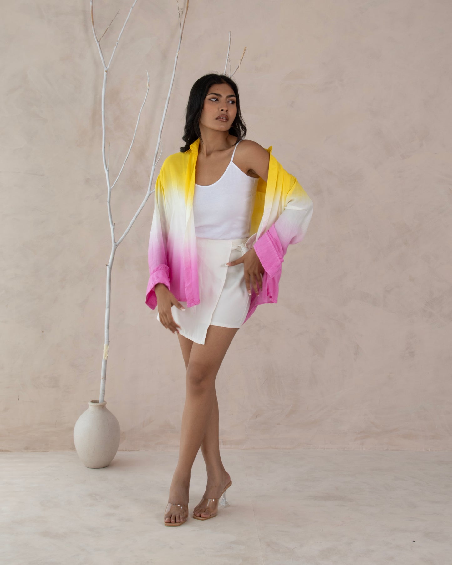 Dry Mango Yellow White Pink Ombré Cotton Shirt for Women