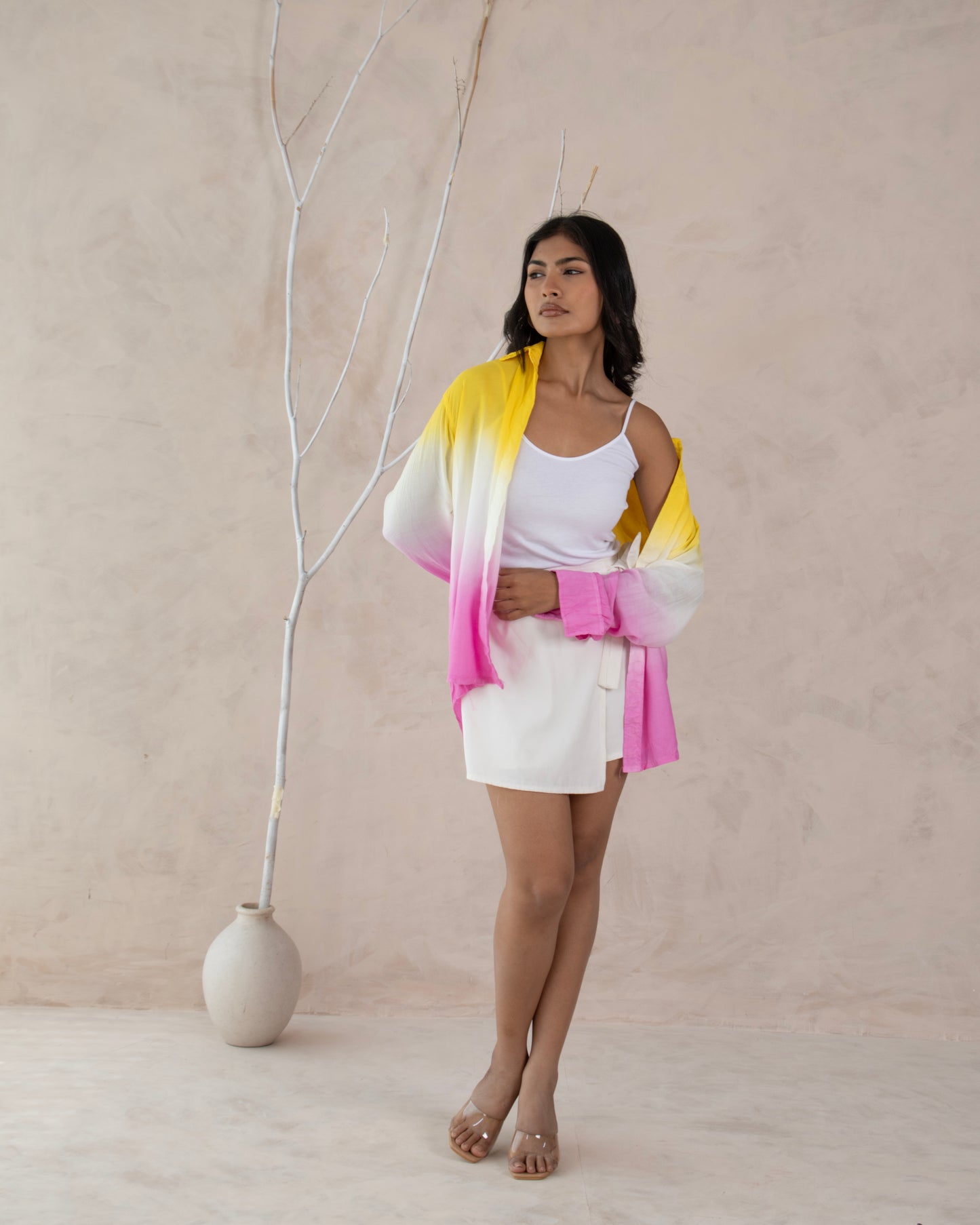 Dry Mango Yellow White Pink Ombré Cotton Shirt for Women