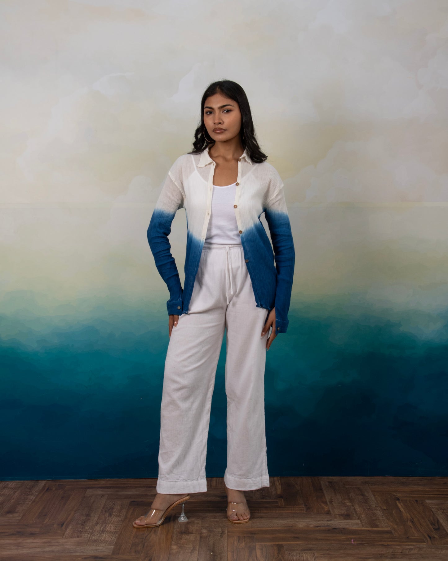 Sunday Blues Ivory to Blue Ombré Long Sleeve Textured Cotton Shirt for Women
