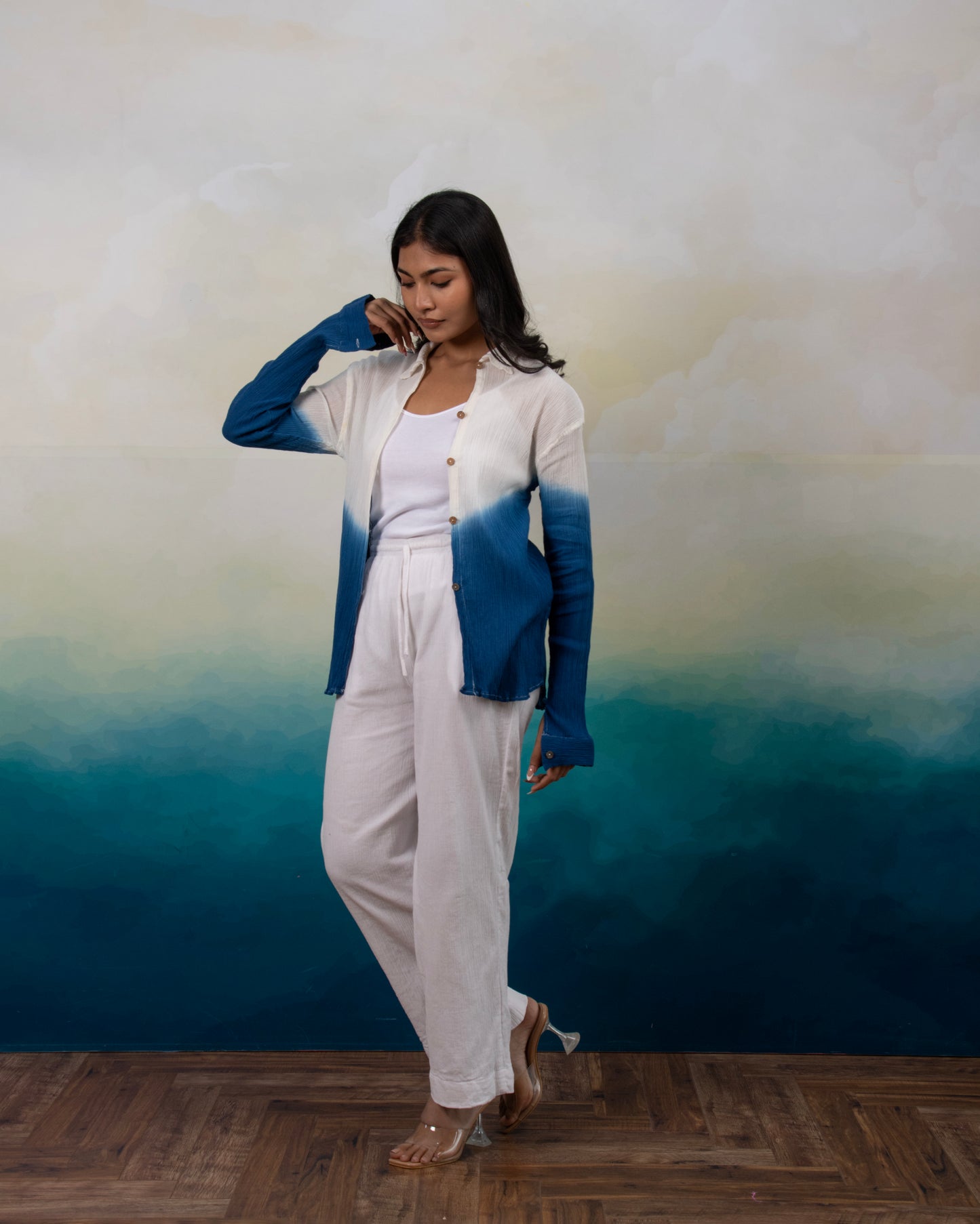 Sunday Blues Ivory to Blue Ombré Long Sleeve Textured Cotton Shirt for Women