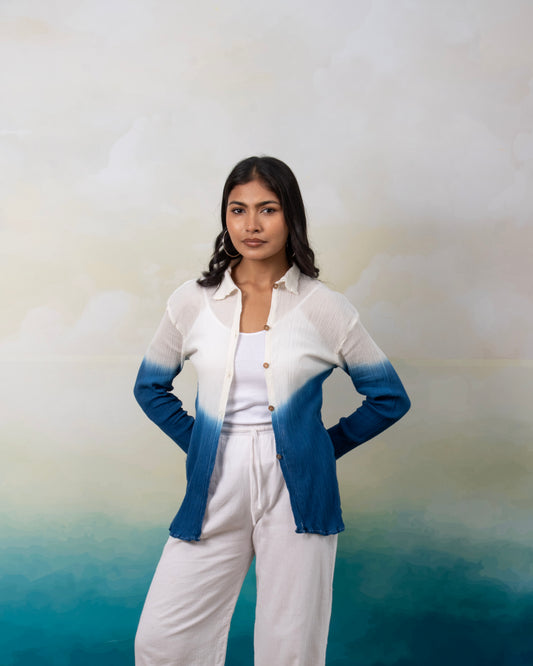 Sunday Blues Ivory to Blue Ombré Long Sleeve Textured Cotton Shirt for Women