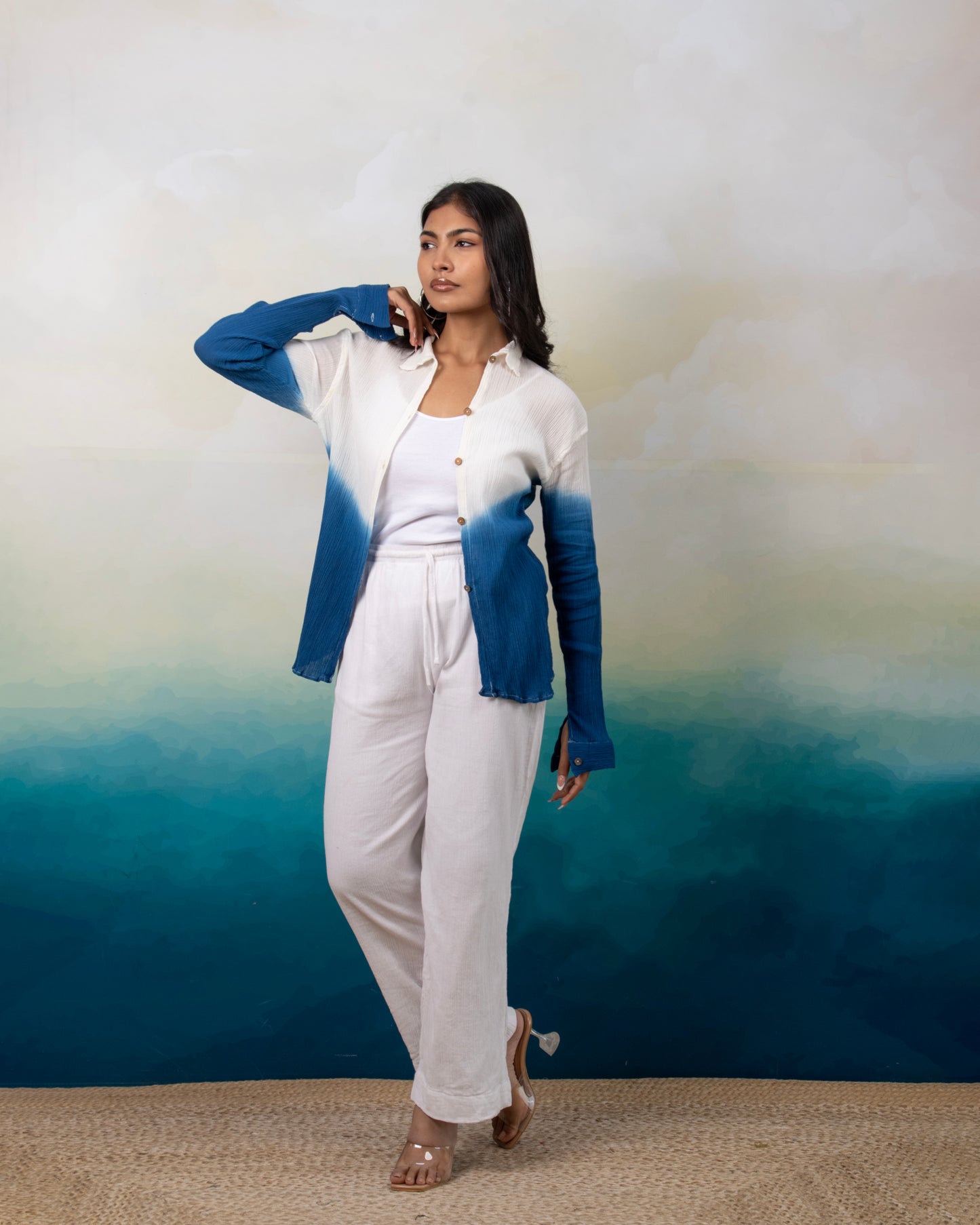 Sunday Blues Ivory to Blue Ombré Long Sleeve Textured Cotton Shirt for Women