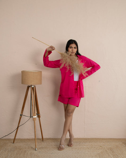 Pink Pulp Pure Cotton 2 Piece Oversized Shirt and Shorts Co-ord Set in Hot Pink for Women