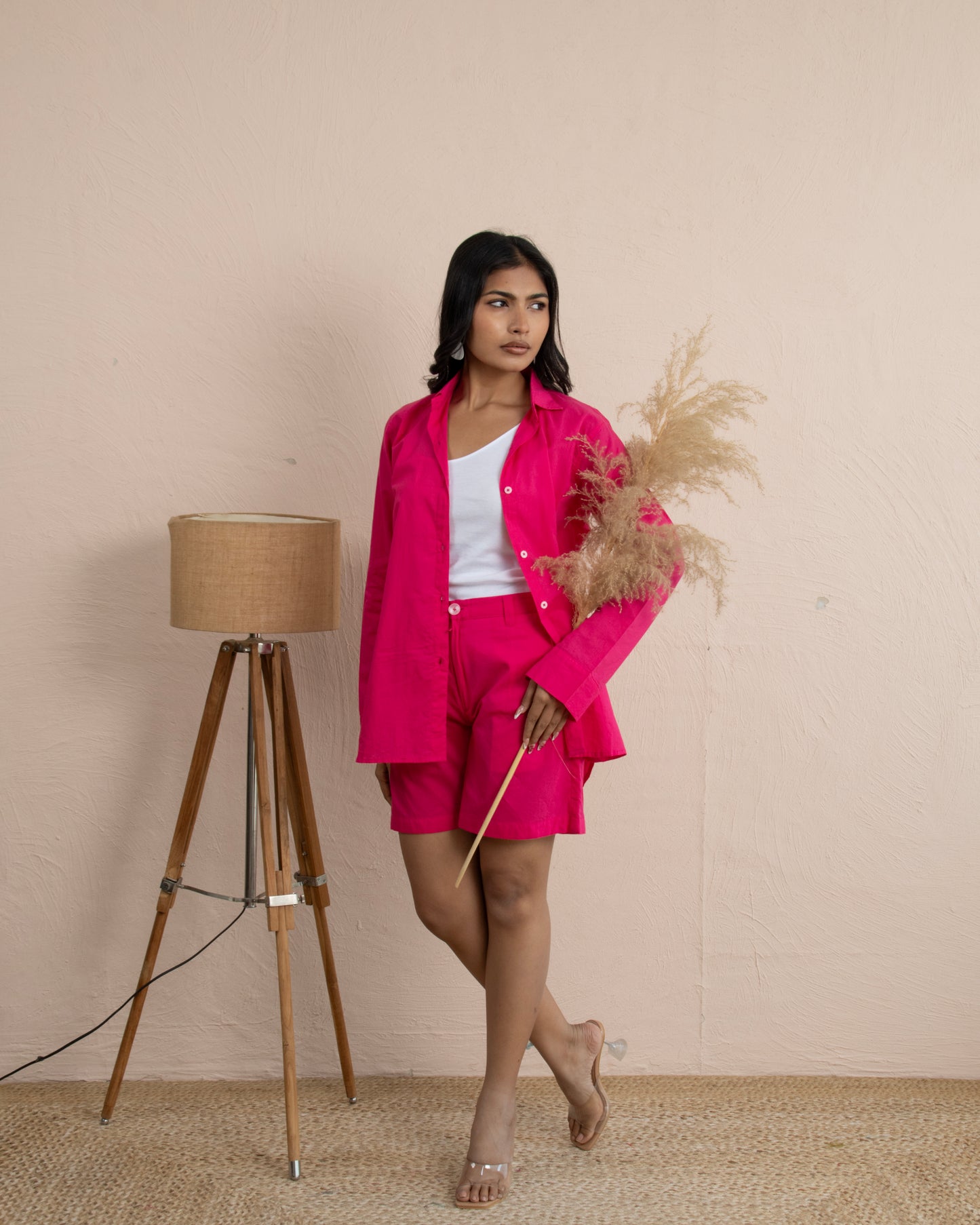 Pink Pulp Pure Cotton 2 Piece Oversized Shirt and Shorts Co-ord Set in Hot Pink for Women