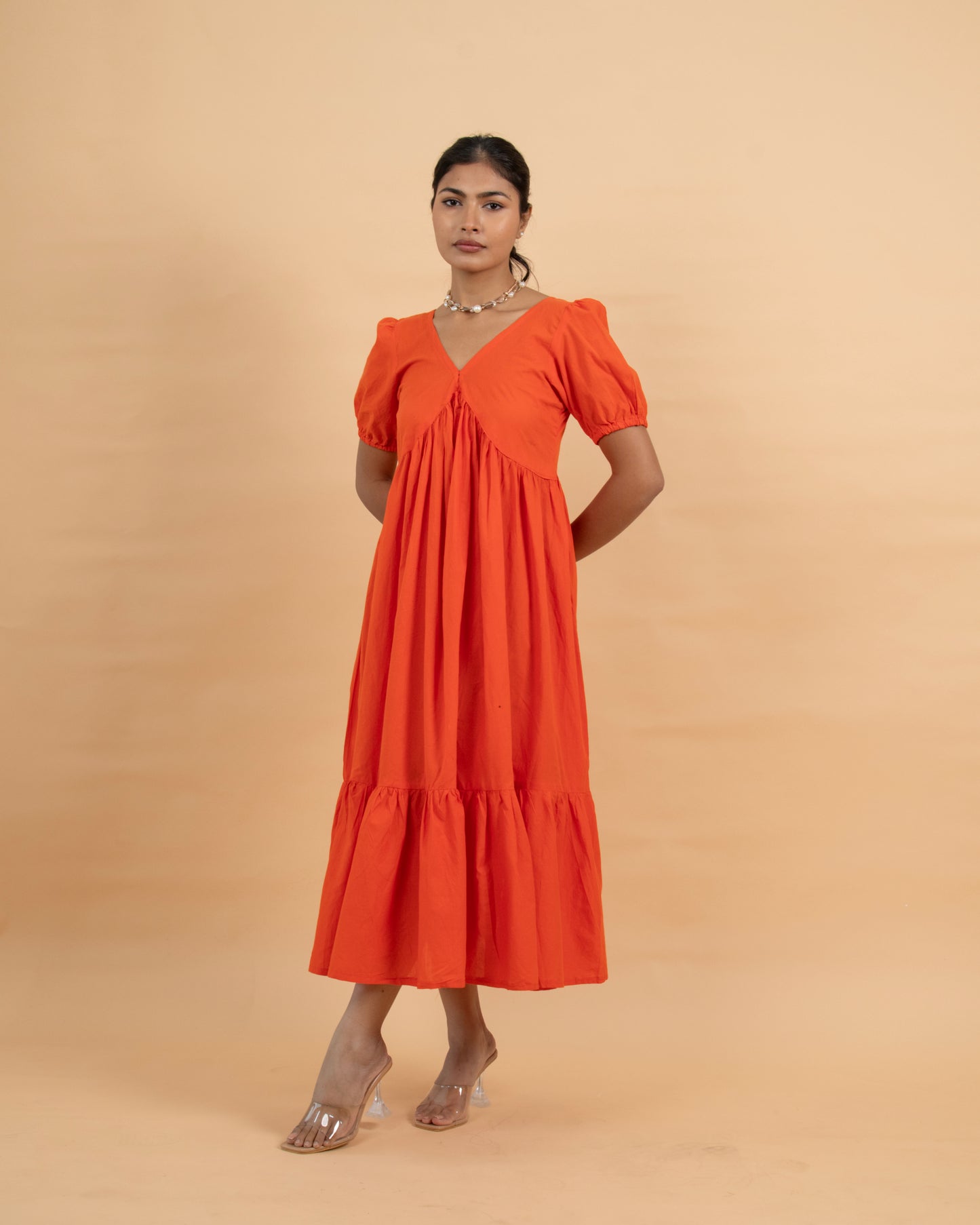 Sunkissed Tango Orange Puff Sleeves V neck Ankle Length Dress for women
