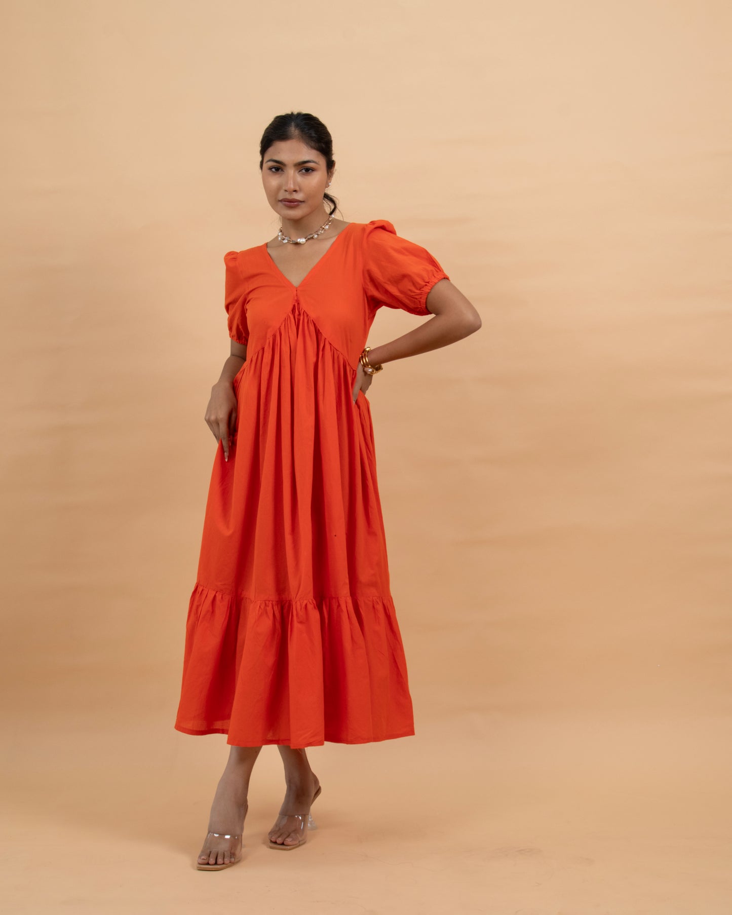 Sunkissed Tango Orange Puff Sleeves V neck Ankle Length Dress for women