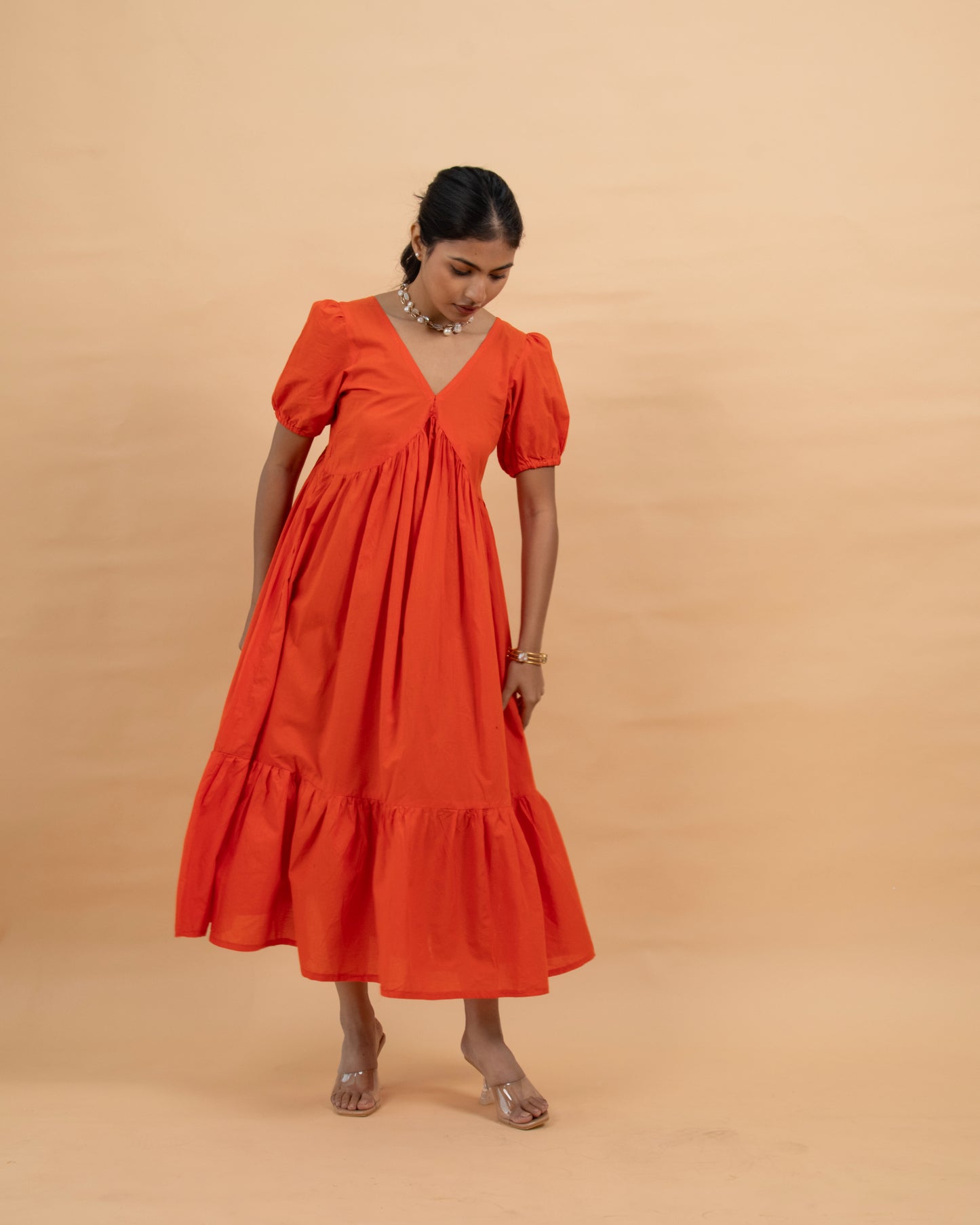 Sunkissed Tango Orange Puff Sleeves V neck Ankle Length Dress for women