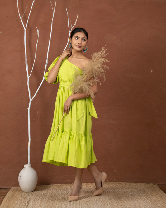 Lime Lush One-Shoulder Puff Sleeve Lime Green Maxi Dress with Tiered Hem for Women