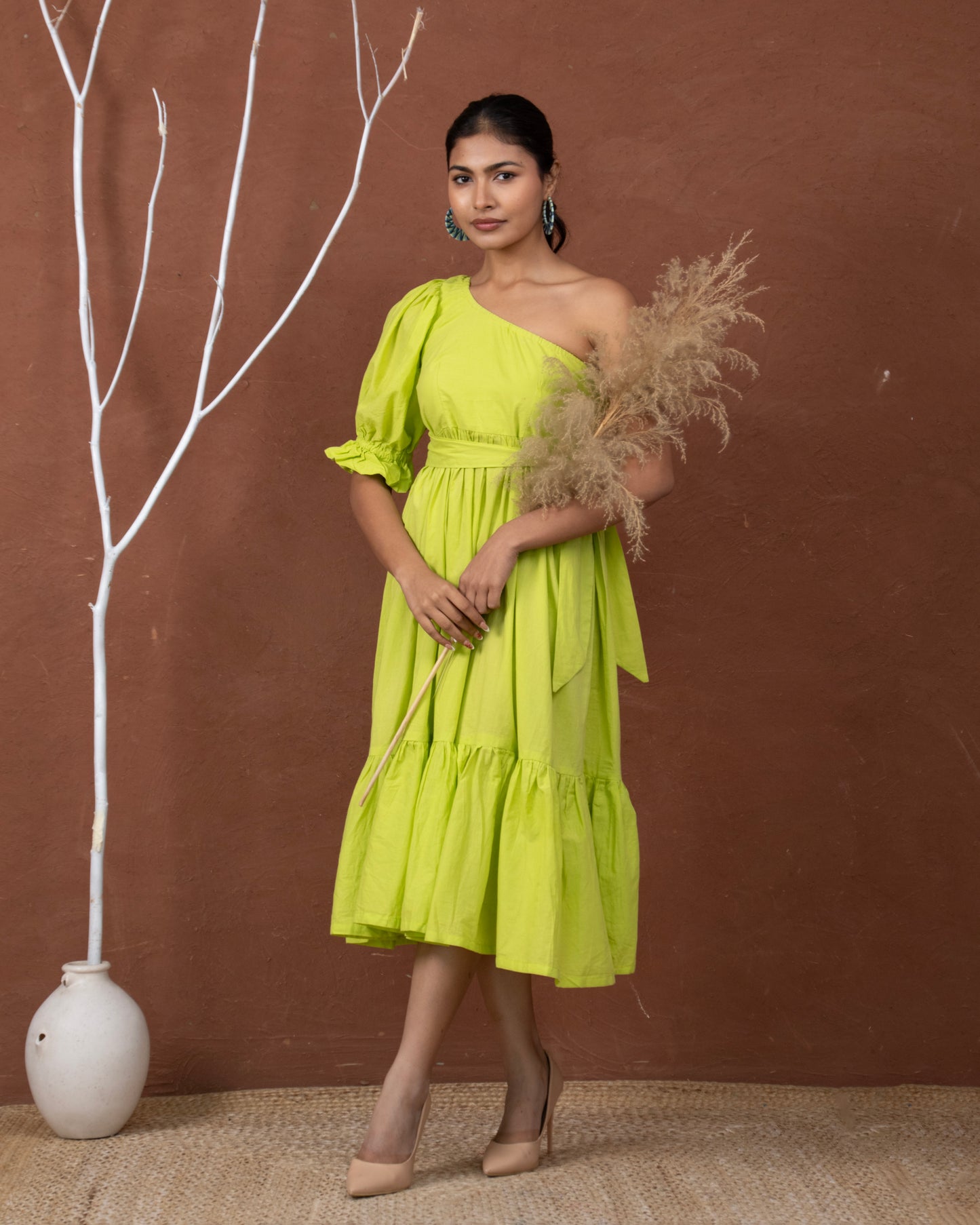 Lime Lush One-Shoulder Puff Sleeve Lime Green Maxi Dress with Tiered Hem for Women