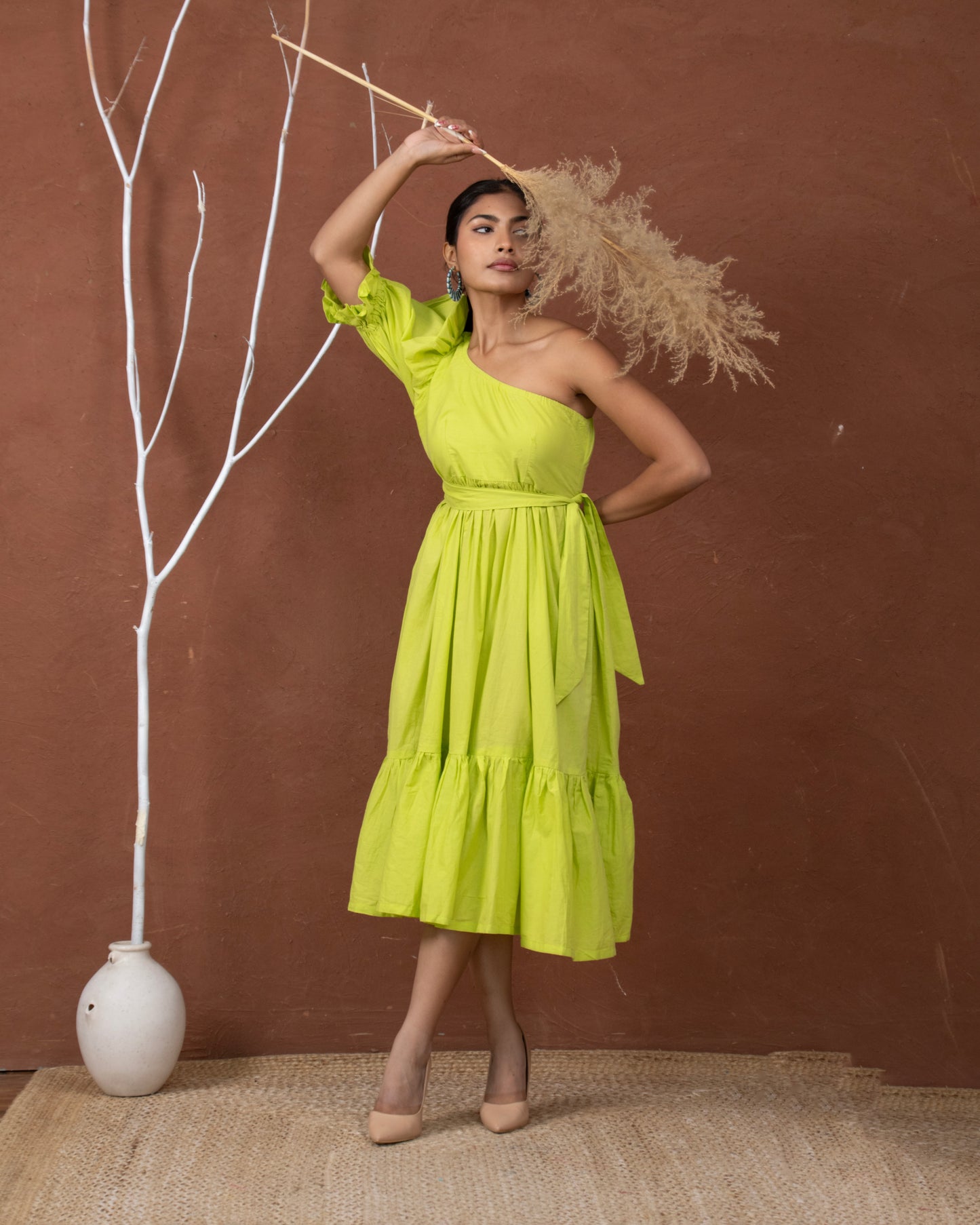 Lime Lush One-Shoulder Puff Sleeve Lime Green Maxi Dress with Tiered Hem for Women