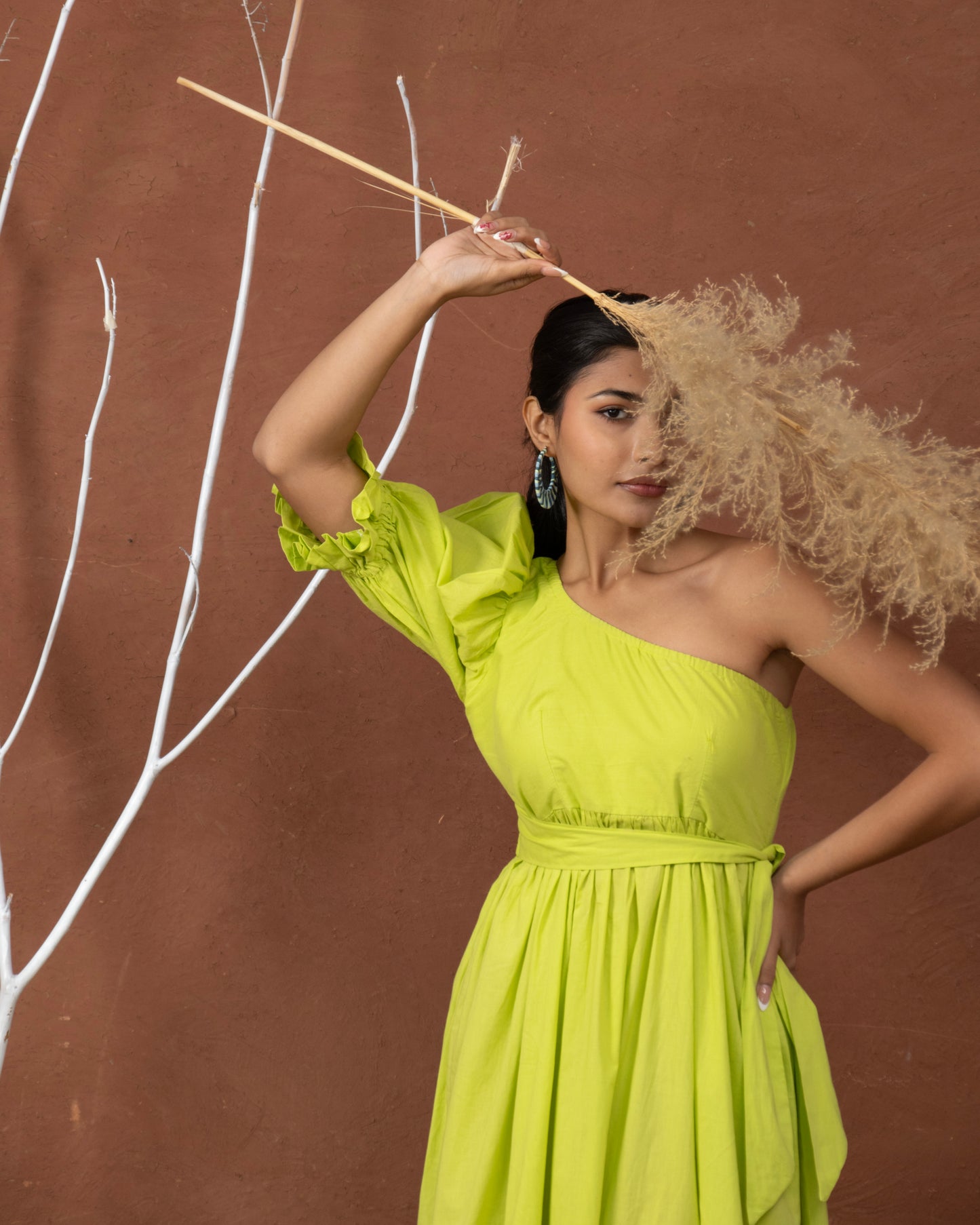 Lime Lush One-Shoulder Puff Sleeve Lime Green Maxi Dress with Tiered Hem for Women
