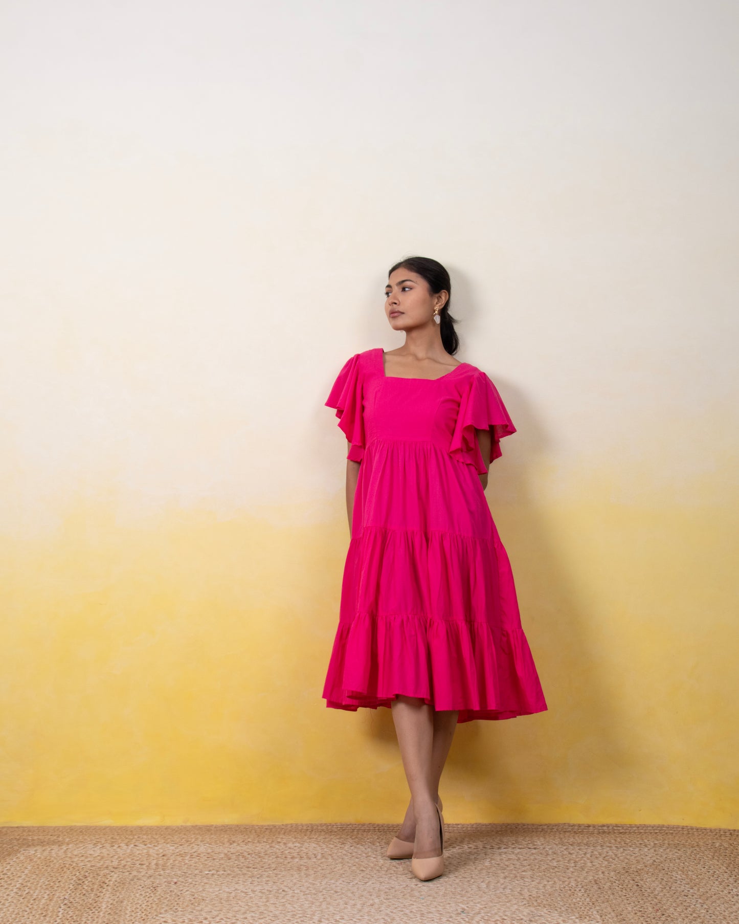 Flamingo Hour – Pink Maxi Dress with Ruffle Sleeves and Square Neckline for Women