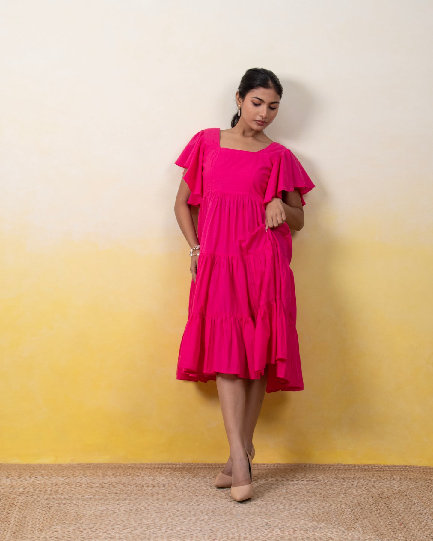 Flamingo Hour – Pink Maxi Dress with Ruffle Sleeves and Square Neckline for Women
