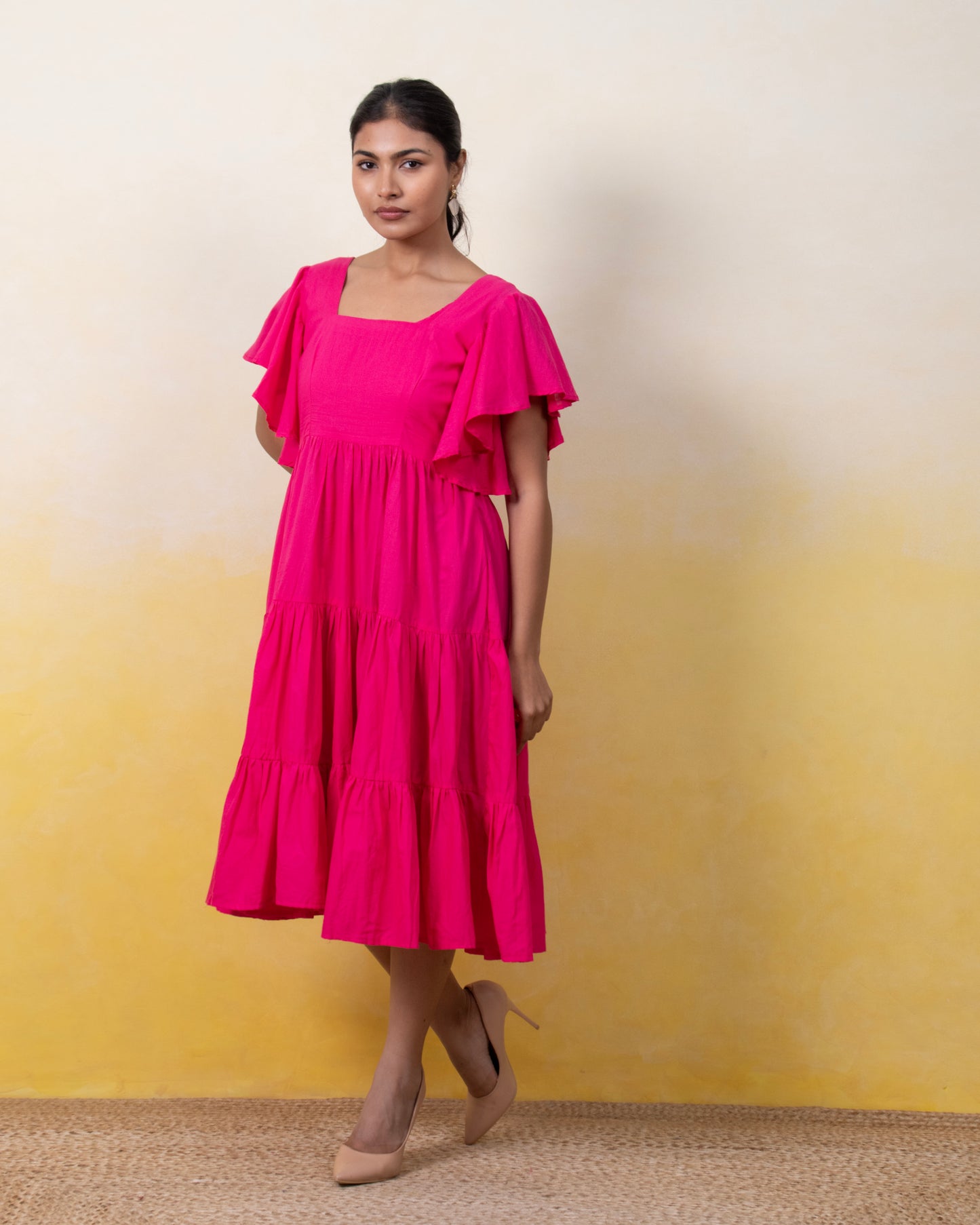 Flamingo Hour – Pink Maxi Dress with Ruffle Sleeves and Square Neckline for Women