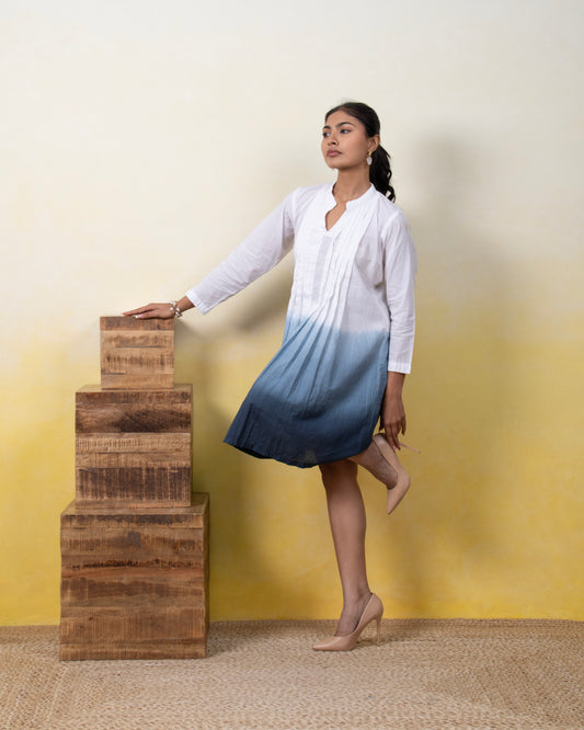 Moonshadow White to Charcoal Ombré Knee-Length Pintuck A-Line Dress for Women