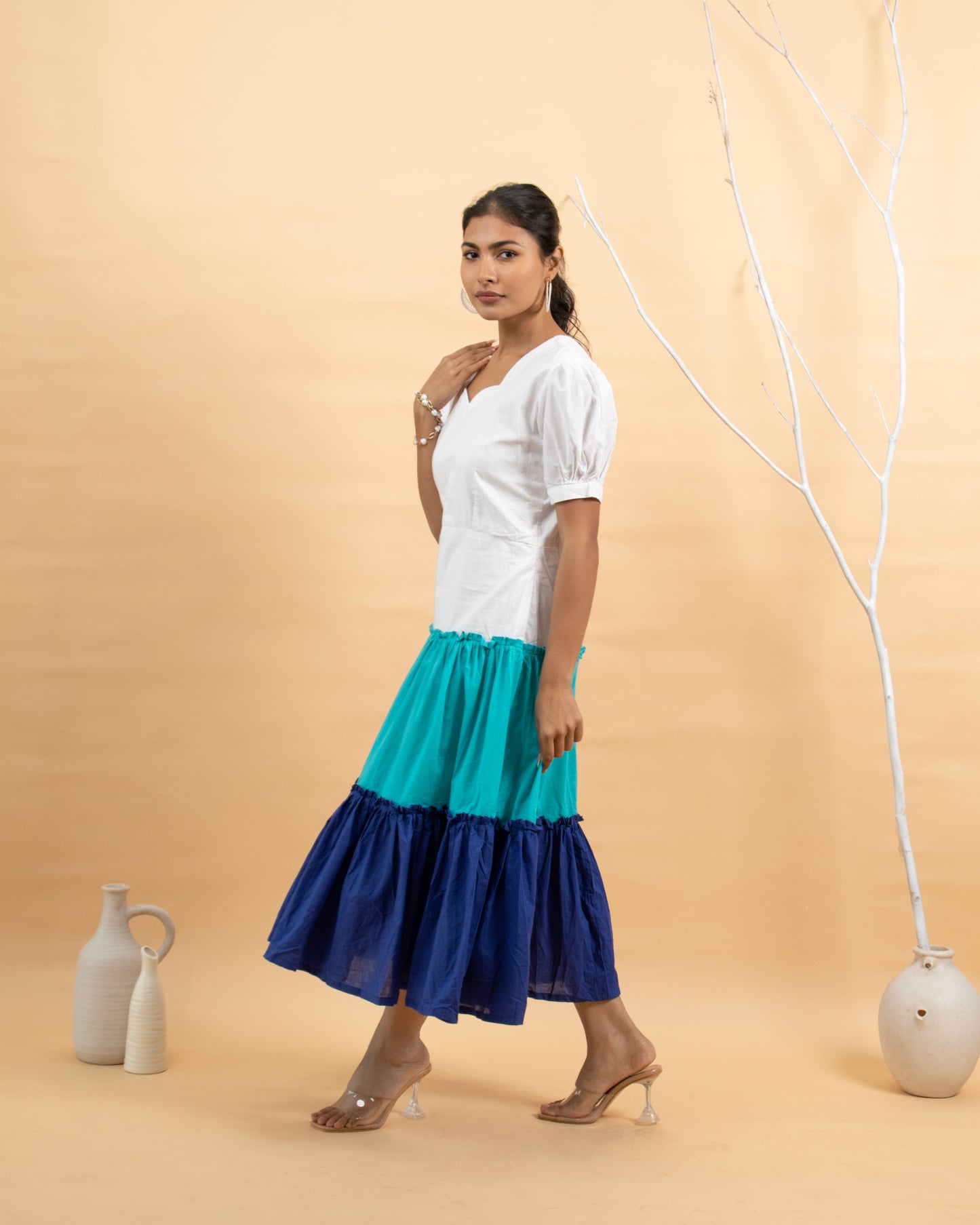 Laguna Love Ivory to Blue Tiered Puff Sleeve Maxi Dress for Women