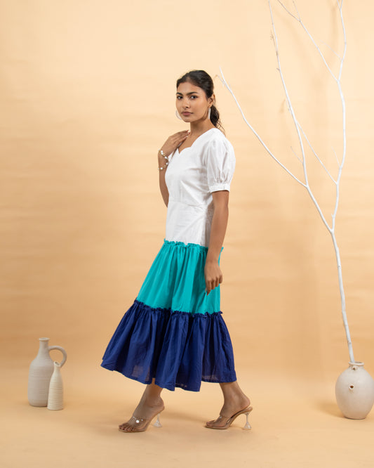 Laguna Love Ivory to Blue Tiered Puff Sleeve Maxi Dress for Women + Lagoon Lounge Sky Blue to Ivory Ombré Relaxed Fit Shirt for Men