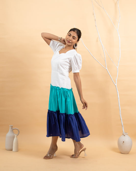 Laguna Love Ivory to Blue Tiered Puff Sleeve Maxi Dress for Women