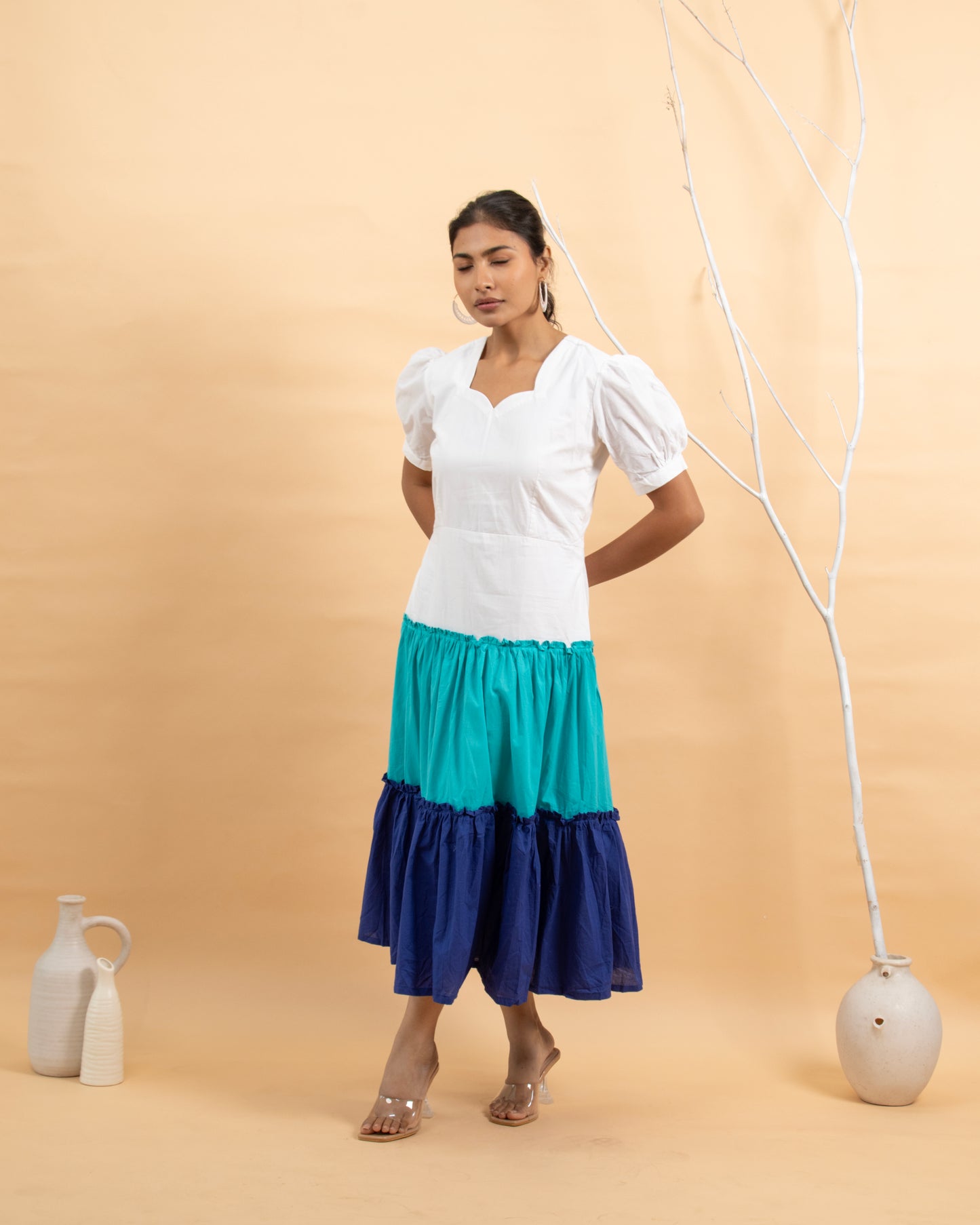 Laguna Love Ivory to Blue Tiered Puff Sleeve Maxi Dress for Women