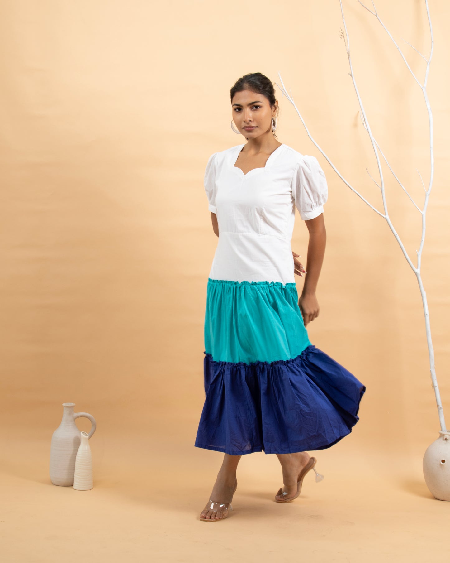 Laguna Love Ivory to Blue Tiered Puff Sleeve Maxi Dress for Women