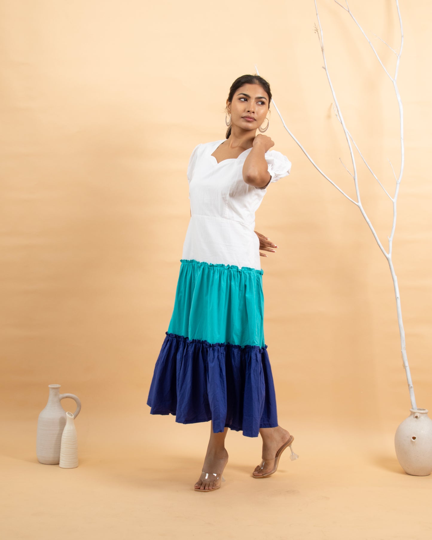 Laguna Love Ivory to Blue Tiered Puff Sleeve Maxi Dress for Women